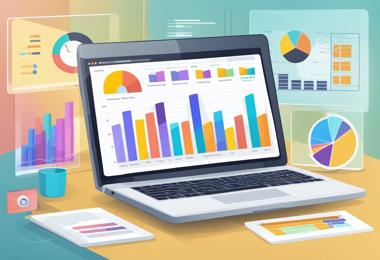 A laptop displaying digital marketing campaign data being analyzed and optimized. Charts and graphs show campaign performance