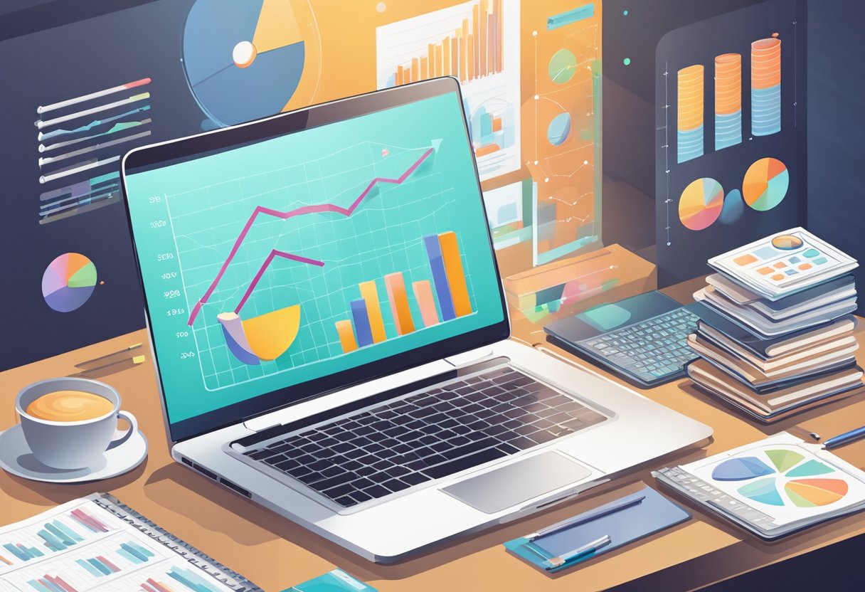 A laptop surrounded by books and charts, with a graph showing growth and market trends. A digital marketing beginner's guide visible on the screen