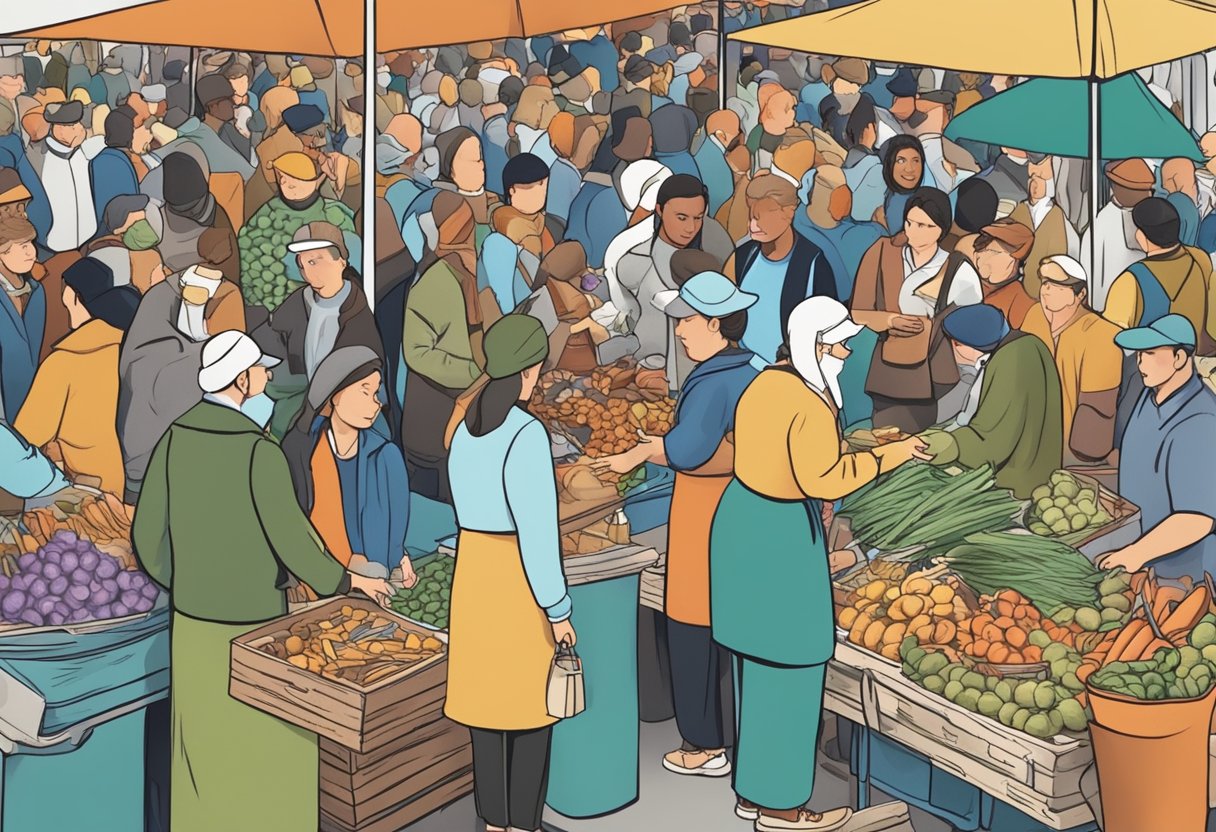 A bustling market stall with Kirvano products attract a crowd. Money exchanges hands as people eagerly purchase the popular items