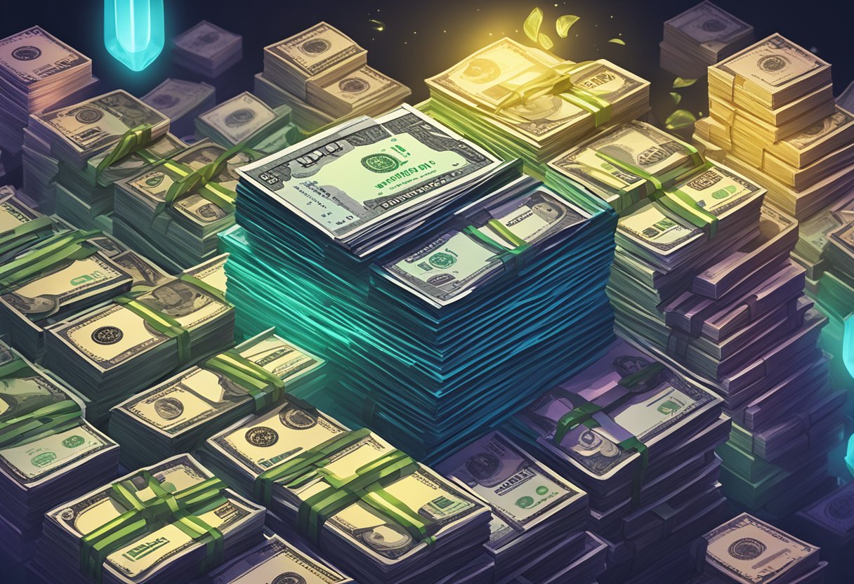 A Kirvano logo glowing in the dark, surrounded by stacks of cash and a growing pile of money
