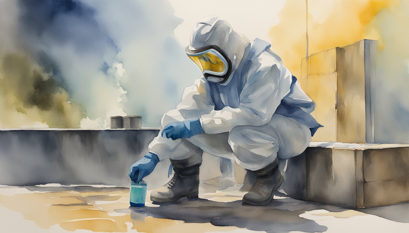 A person wearing protective gear cleans battery acid with a neutralizing solution and a brush in a well-ventilated area