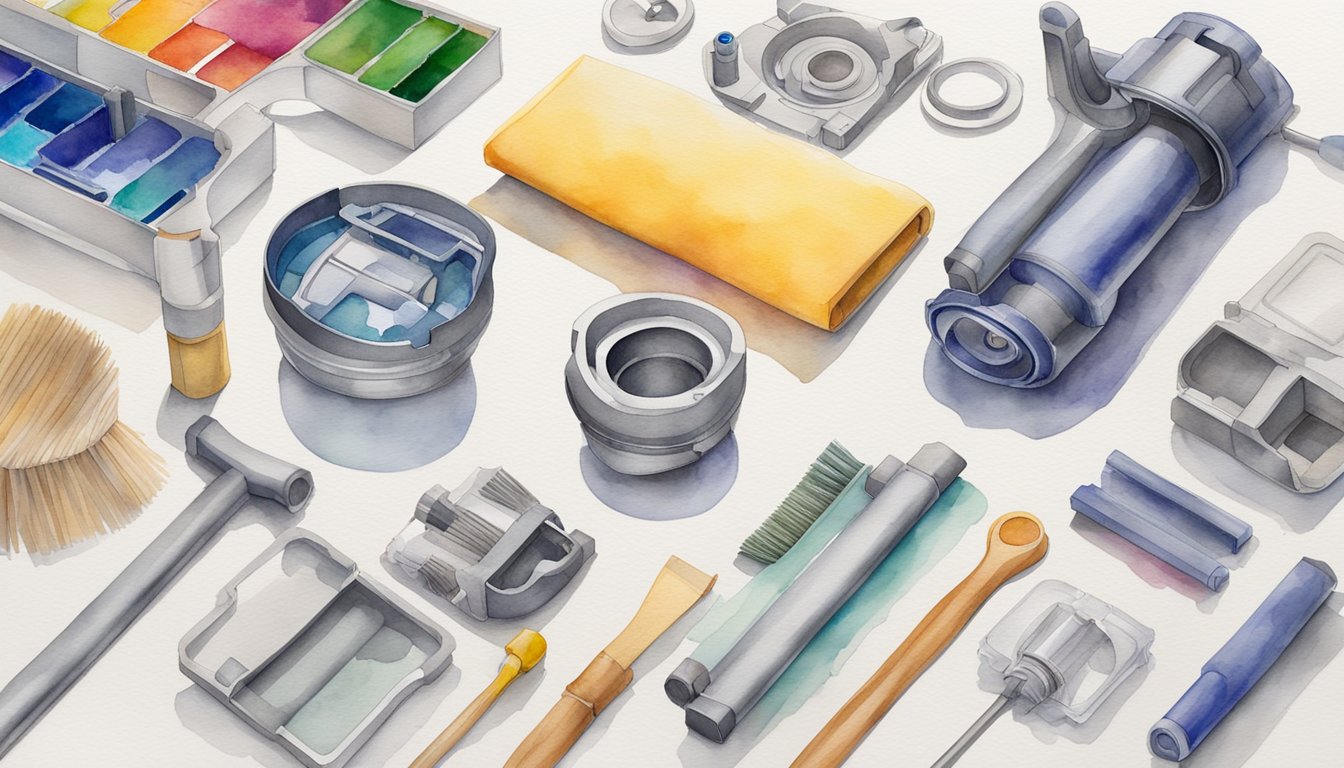 A disassembled Dyson vacuum parts laid out next to cleaning tools and a manual