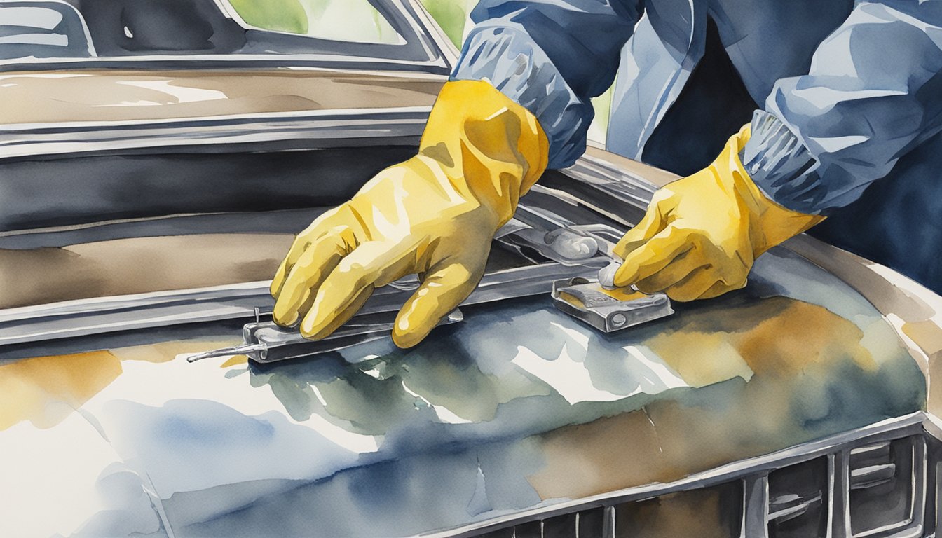 A gloved hand uses a wire brush to remove corrosion from a car battery terminal. A solution of baking soda and water is used to clean the area, followed by a thorough rinse with clean water