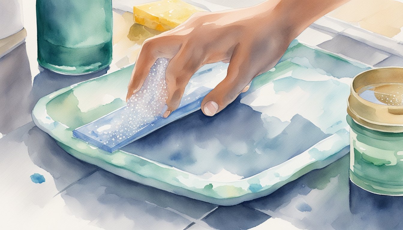 A hand reaches for a squeegee, wiping down a sparkling shower glass with precision and care.</p><p>Vinegar and baking soda sit nearby, ready for use