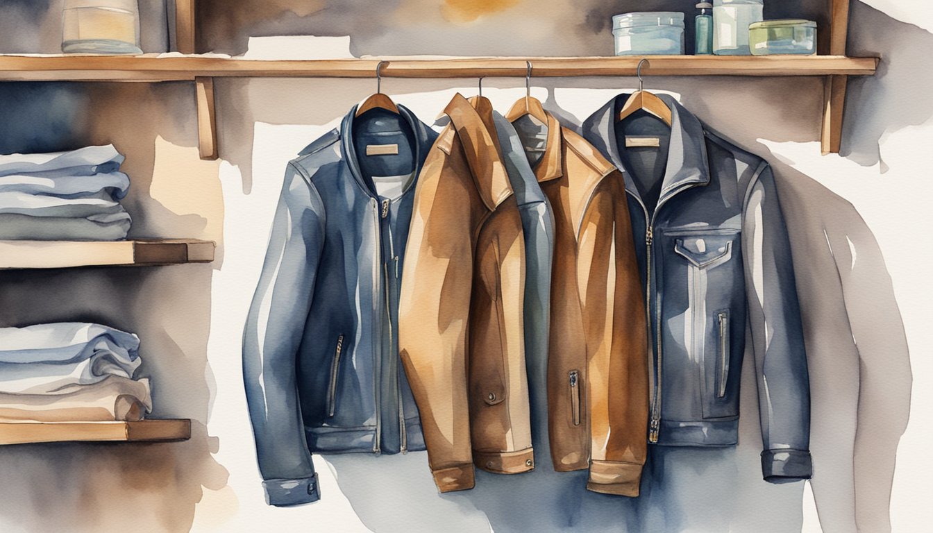 A leather jacket hangs on a wooden hanger in a well-lit closet. A bottle of leather cleaner and a soft cloth sit on a nearby shelf