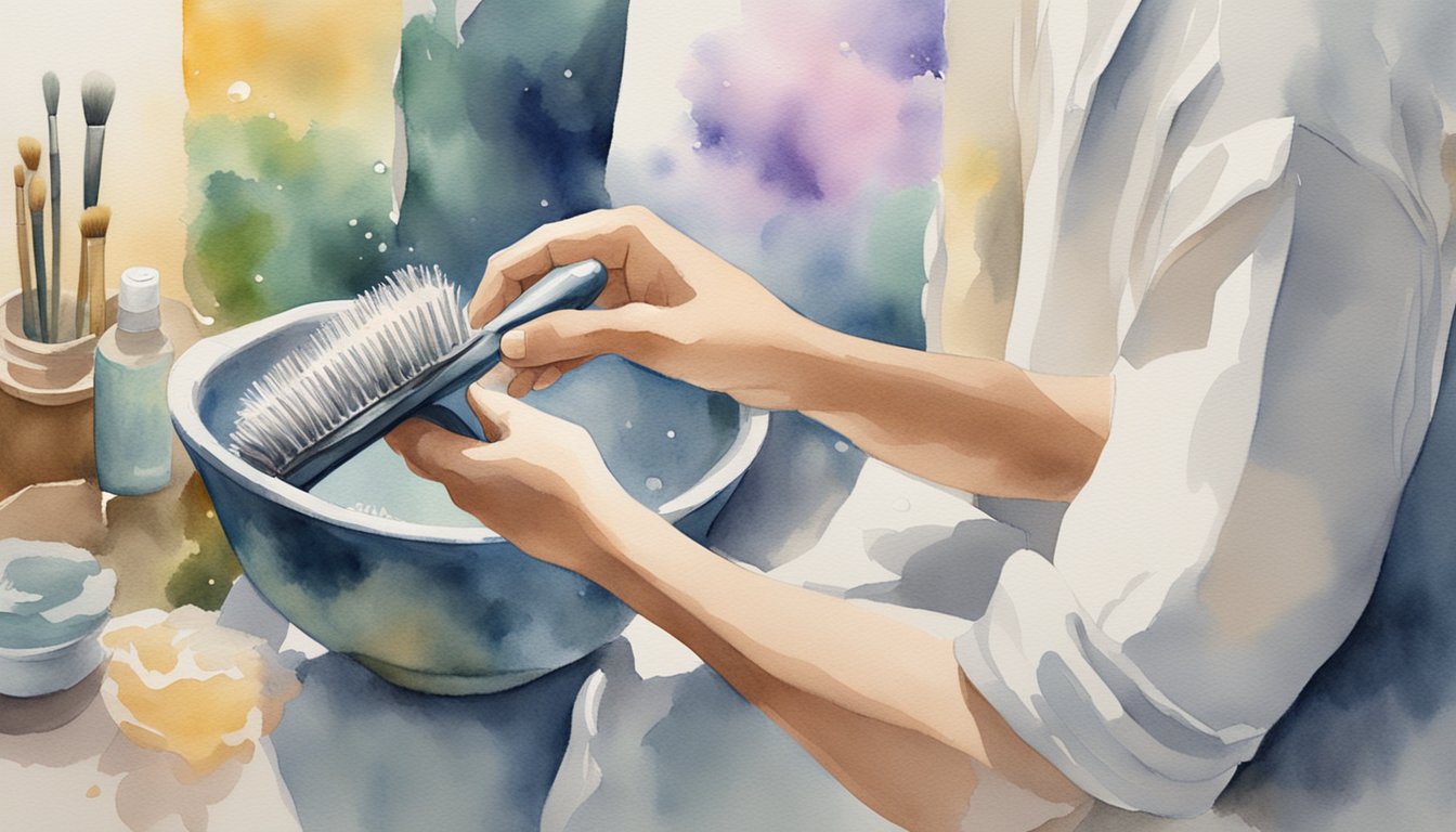 A hand holding a dirty hairbrush, removing hair with a comb, then soaking the brush in soapy water, scrubbing with a brush cleaner, and air-drying