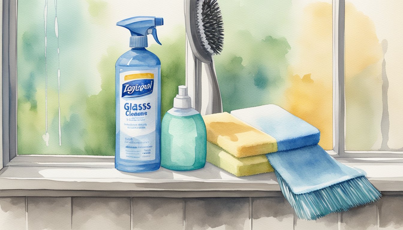 A bottle of glass cleaner, a microfiber cloth, and a scrub brush sit on a shelf next to a shower door with water spots and soap scum