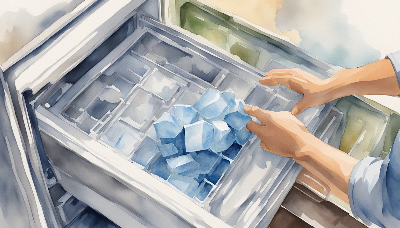 A hand reaches into a freezer, removing the ice maker.</p><p>It is disassembled and cleaned thoroughly with a soft cloth and mild detergent, ensuring all components are free of debris