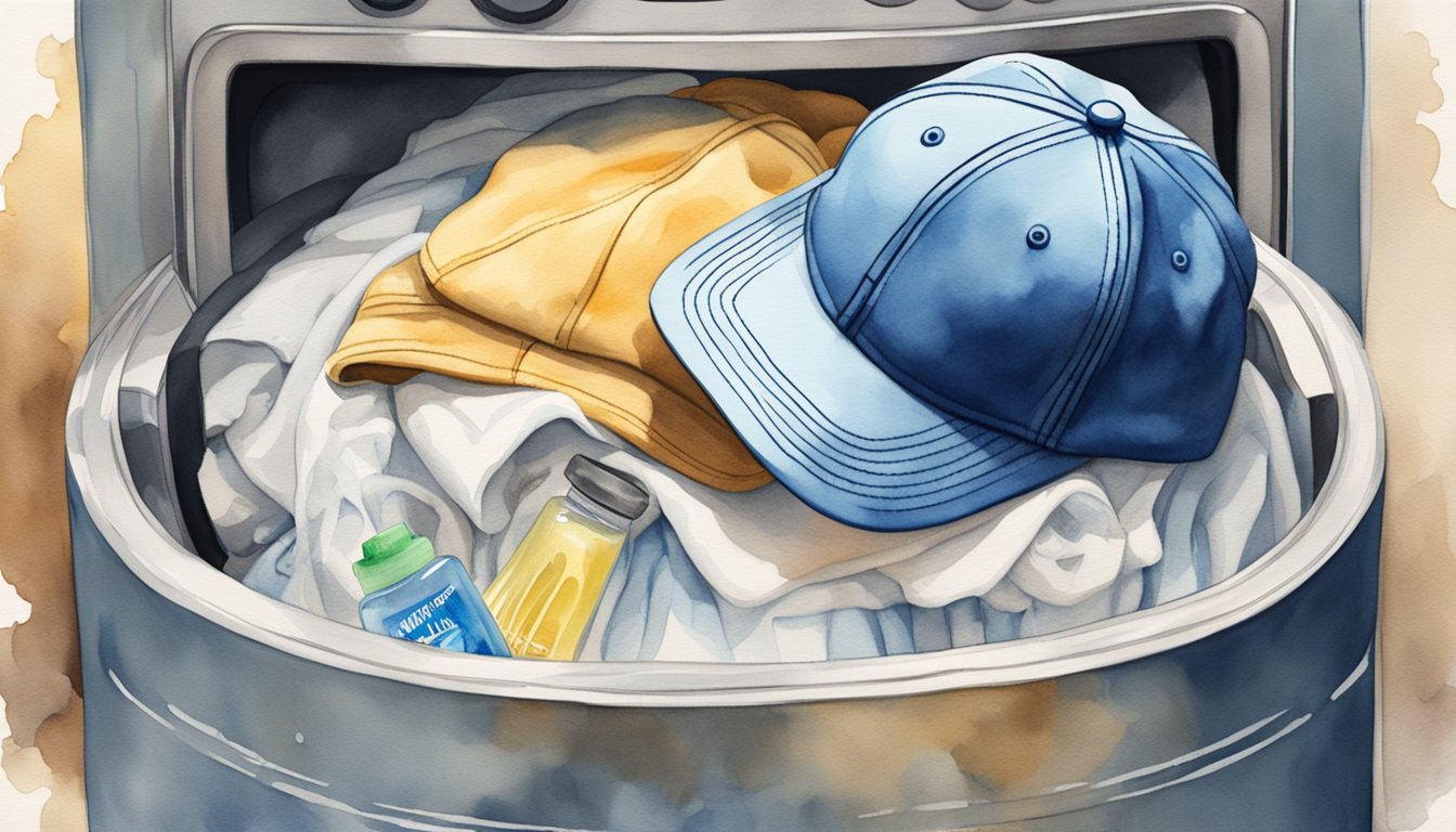 A baseball cap sits inside a washing machine, surrounded by soapy water and spinning clothes.</p><p>The machine's dial is set to a gentle cycle, with a bottle of mild detergent nearby