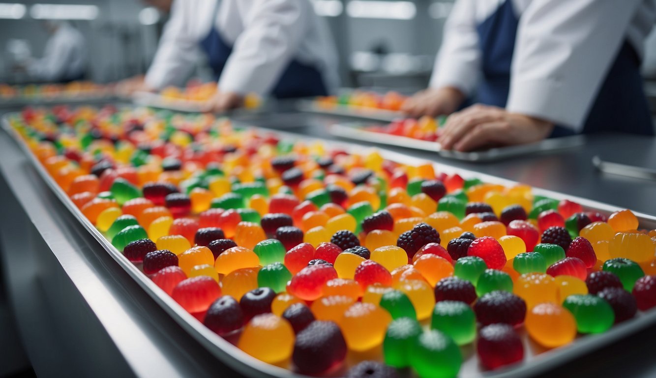 A bustling factory floor with workers inspecting trays of colorful, fruit-shaped gummies. Quality control equipment and organic certification signs are prominently displayed