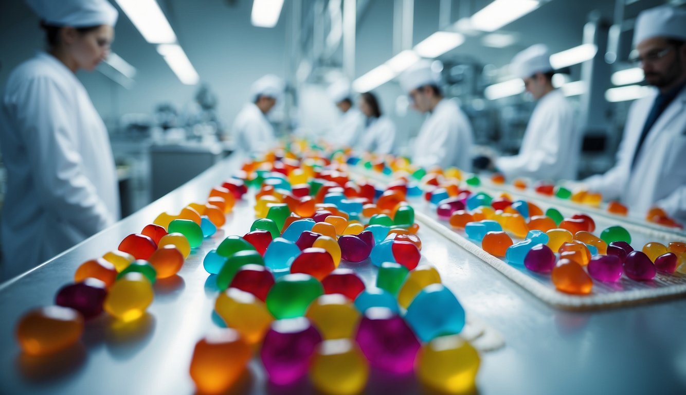 A large, modern facility with state-of-the-art equipment and a focus on sustainability. Workers in lab coats carefully crafting colorful, organic gummy candies