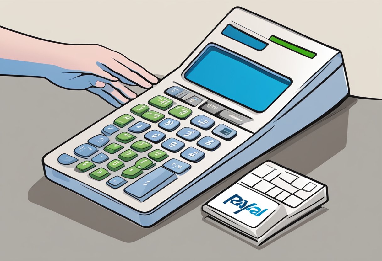 A computer screen displays a PayPal fee calculator. A hand reaches for a calculator to input numbers