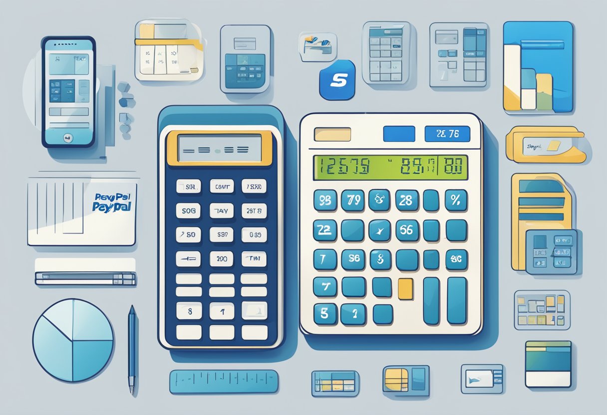 A calculator with the PayPal logo displayed on the screen, surrounded by various numbers and percentages, representing the process of calculating PayPal fees