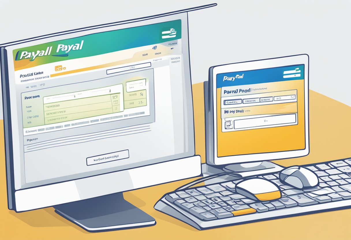 A computer screen displays the PayPal fee calculator page, with a mouse hovering over the input fields and the logo prominently featured in the corner