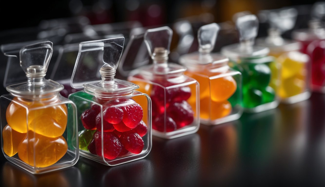 A colorful display of private label gummies in various shapes and flavors, neatly arranged in clear packaging with the brand logo prominently displayed