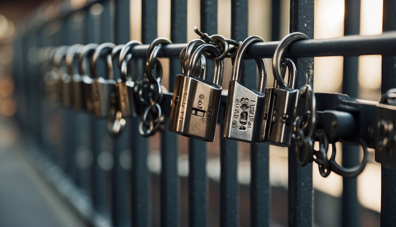 Metal prison locks secure iron bars. Keys dangle from a guard's belt