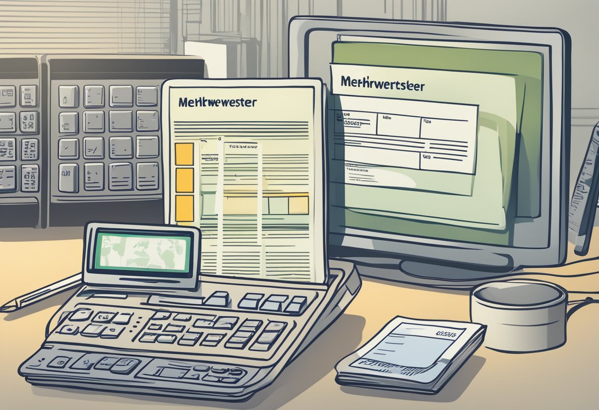 A calculator sits on a desk next to a stack of paperwork labeled "Mehrwertsteuer Legislation" and a computer screen displaying a "mehrwertsteuer rechner" website