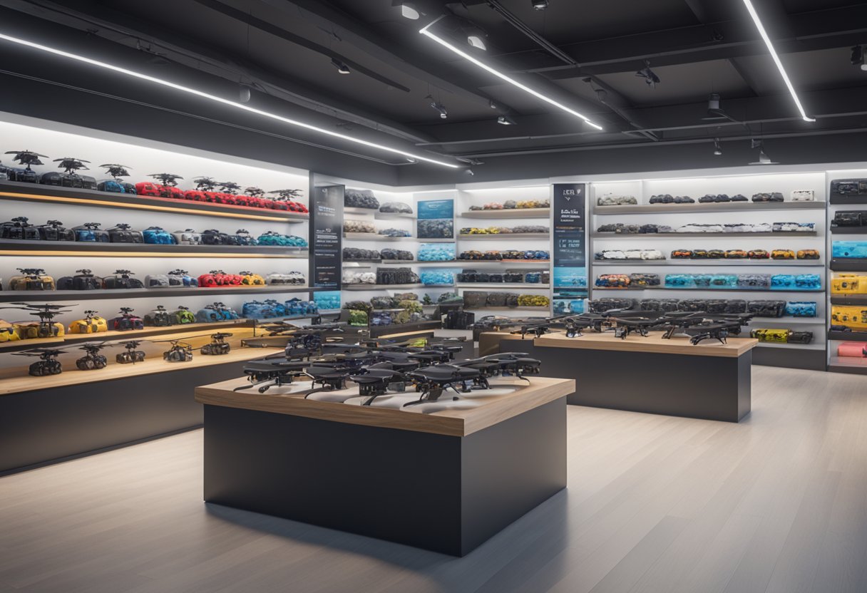 Shelves of drones on display in a bright, spacious store. Customers browsing and interacting with knowledgeable staff. Signs indicating drone categories and prices