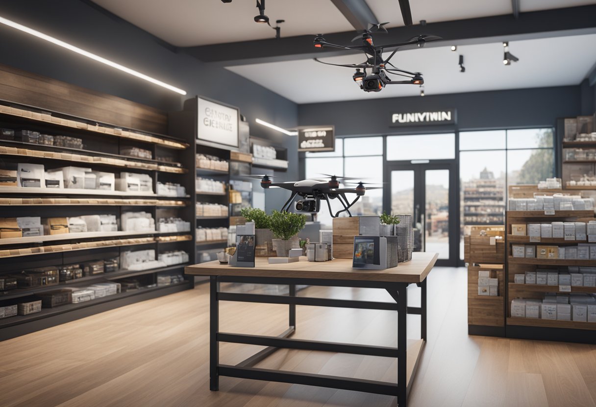 A person purchasing a drone at a licensed retail store, with safety signs and legal information displayed prominently