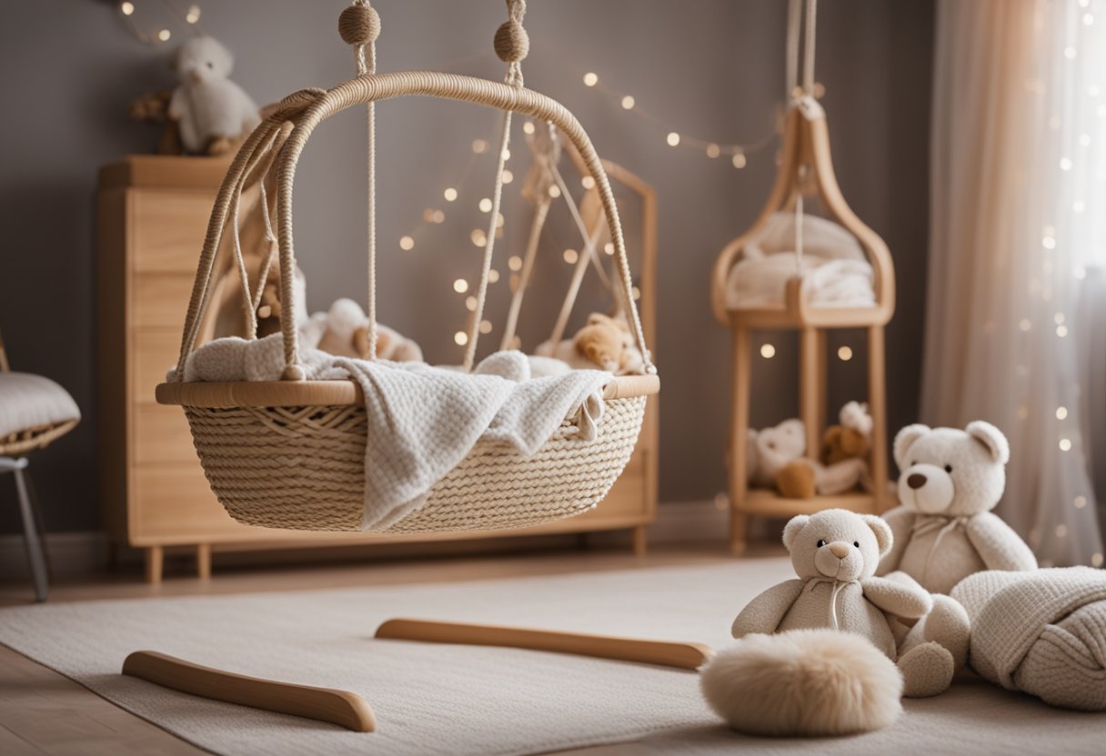 Newborn swings gently sway in a cozy nursery, surrounded by soft blankets and toys