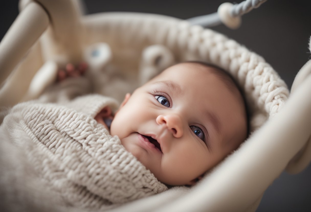 A newborn swing with soft, cushioned seat and secure harness, gentle rocking motion, adjustable speed, soothing music, and overhead toys for visual stimulation