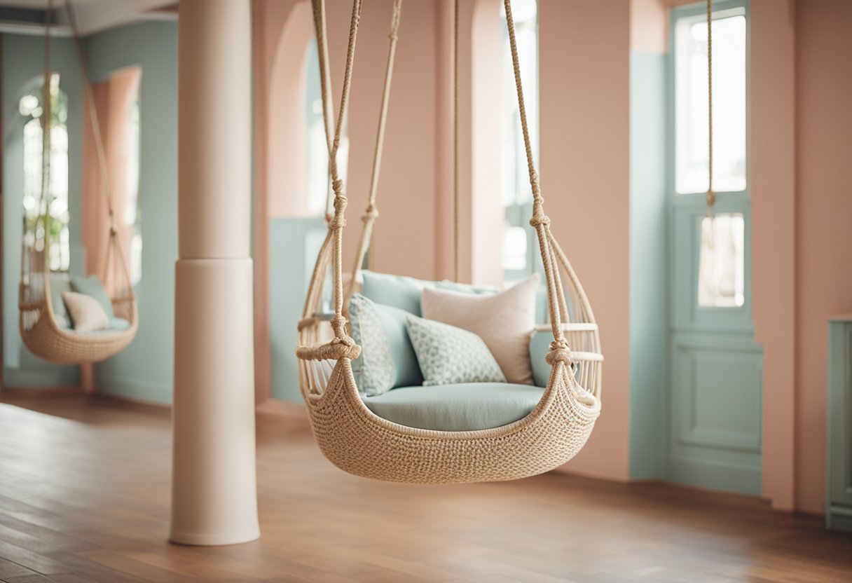 Newborn swings hang in a spacious, well-lit room with soft, pastel-colored walls and cozy, cushioned seats