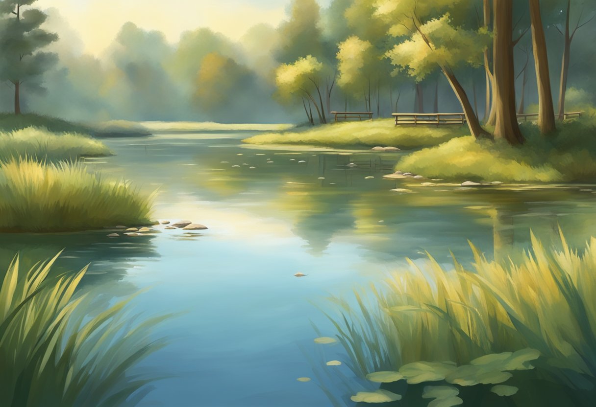 A calm, serene setting with a peaceful atmosphere. A gentle breeze rustles through the trees, and a tranquil pond reflects the stillness of the surroundings