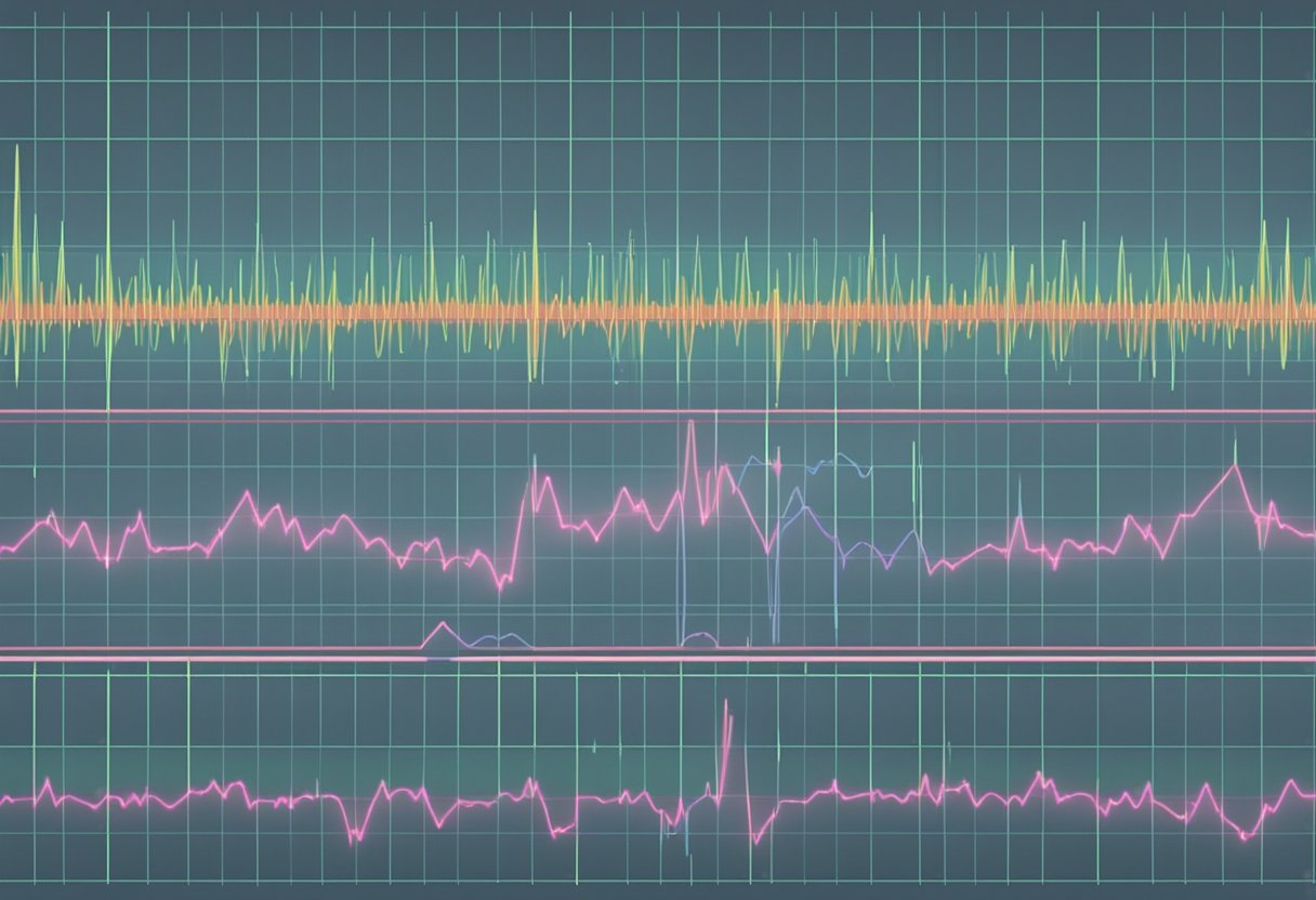 A heart monitor displays a steady rhythm, with the line on the screen pulsing up and down in sync with a regular heartbeat