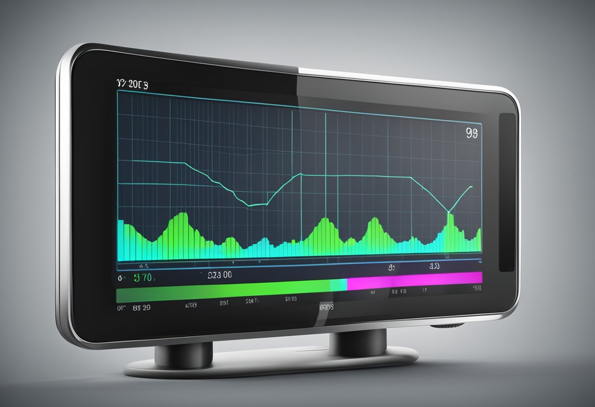 A heart rate monitor displays a steady pulse on a digital screen, with a graph showing the fluctuating beats per minute