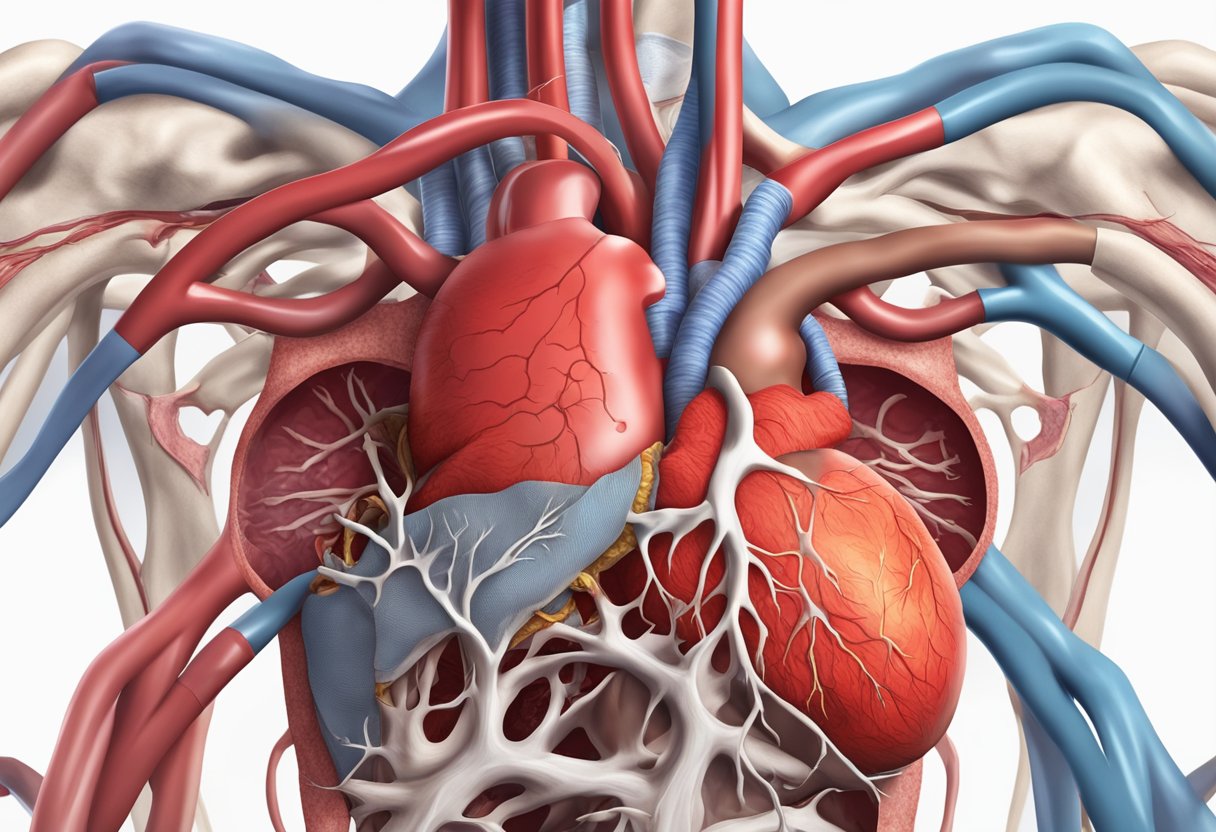 A red, clogged artery with plaque buildup, surrounded by damaged tissue and an unhealthy, enlarged heart
