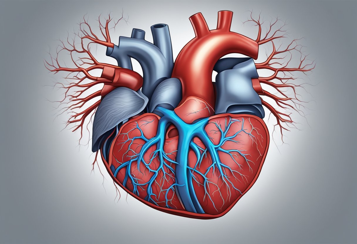 A human heart beats steadily, surrounded by veins and arteries, within the chest cavity