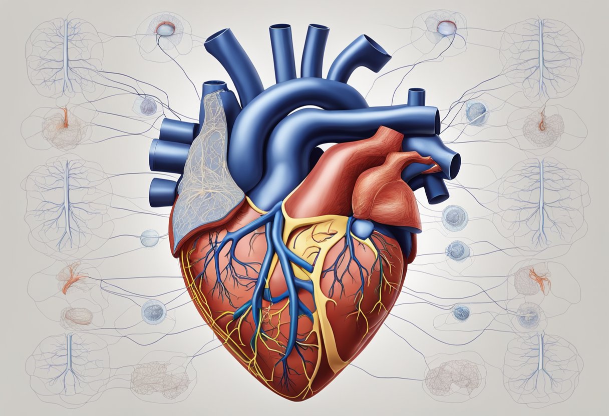 A human heart, with four chambers and major blood vessels, sits within the ribcage, surrounded by the lungs and connected to the rest of the body through a network of arteries and veins