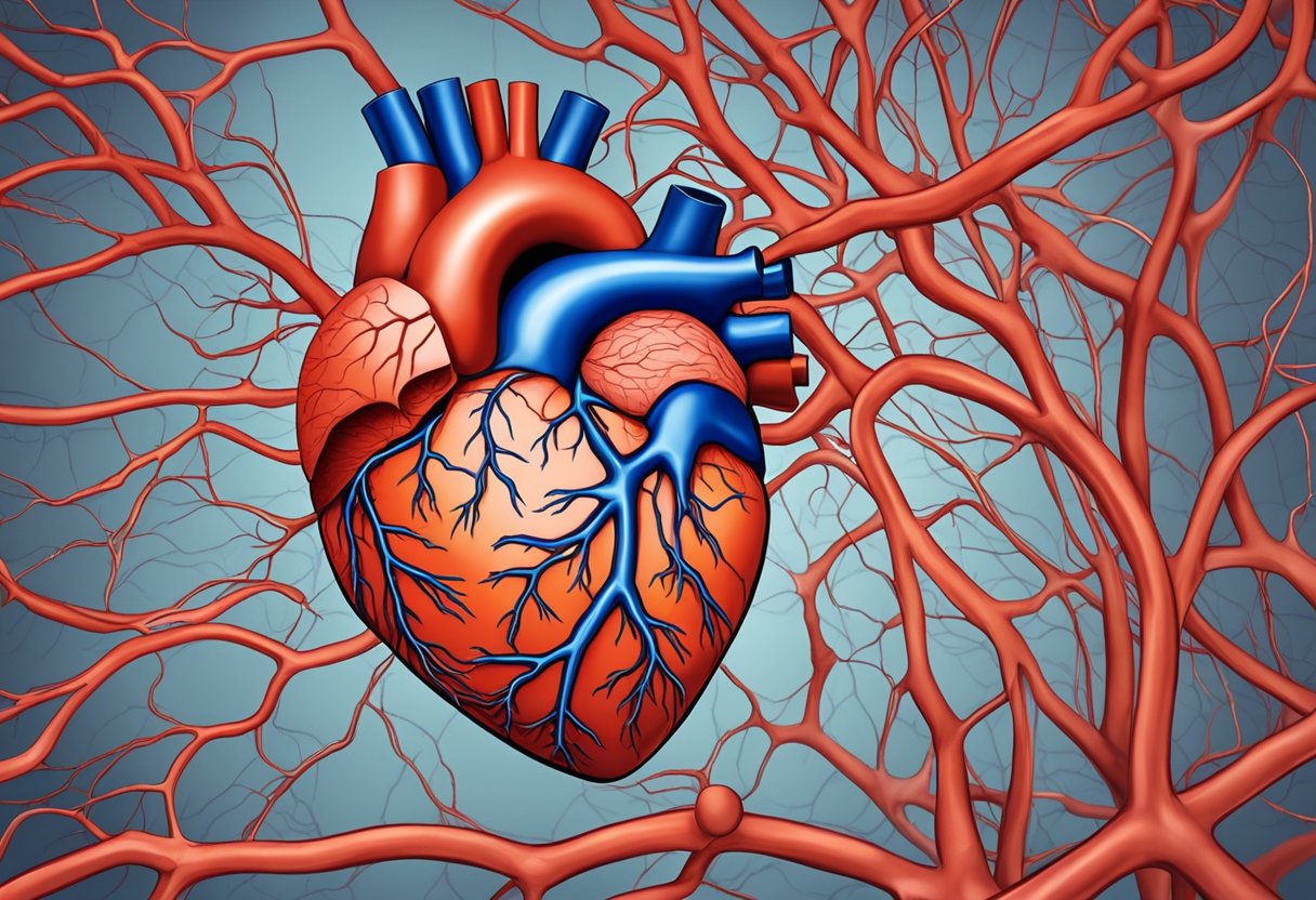 A heart surrounded by arteries, veins, and capillaries, with a clear blockage in one of the arteries