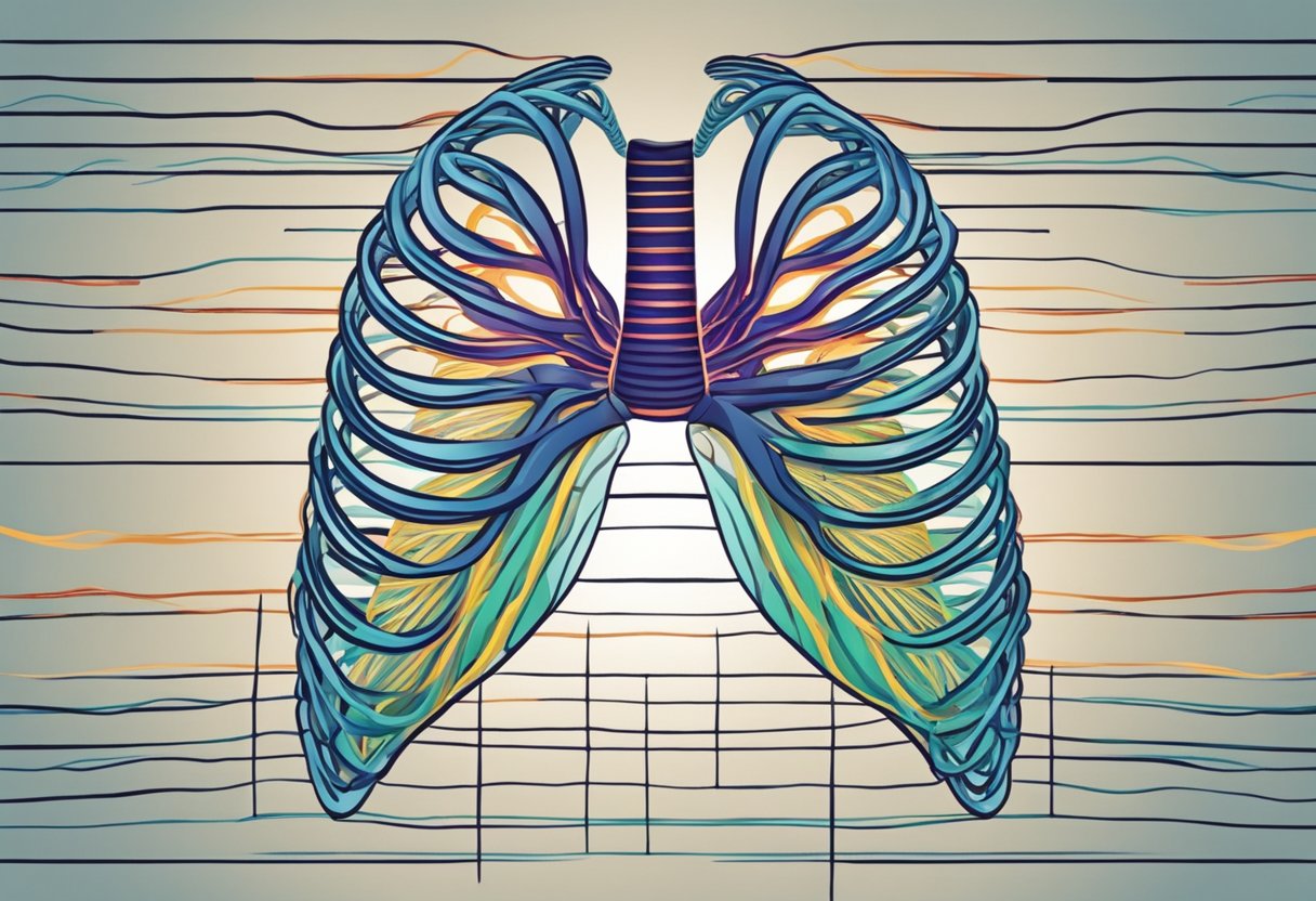 A heart pounding against a ribcage, surrounded by pulsing lines and waves, symbolizing anxiety or excitement