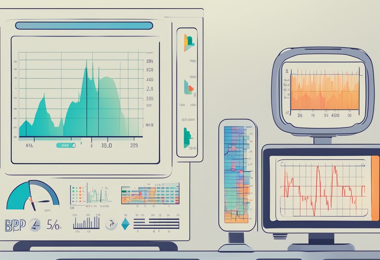 A digital monitor displaying fluctuating bp and heart rate