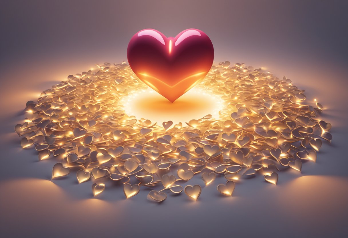 A heart surrounded by question marks, with a spotlight shining on it