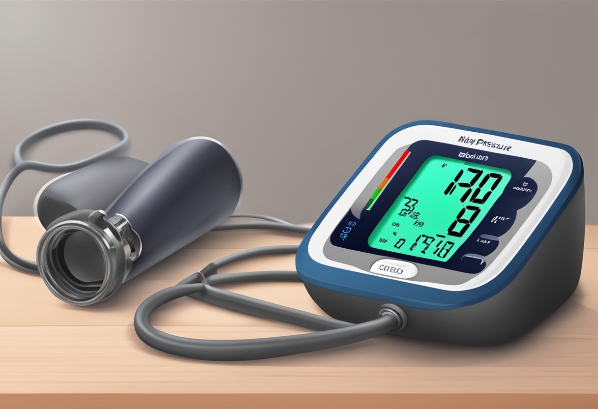 A blood pressure cuff inflates on a table, while a heart rate monitor displays a steady rhythm