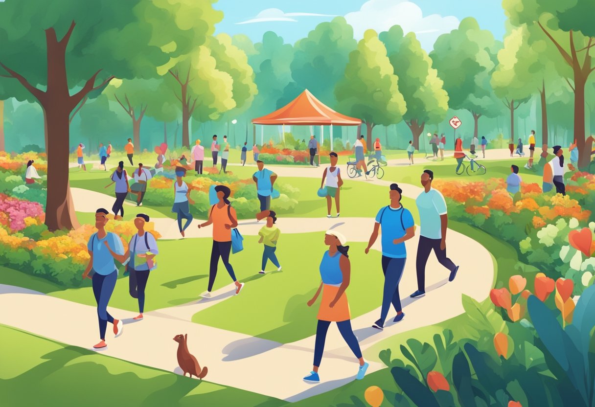 A serene park with people walking, exercising, and eating healthy food, surrounded by signs promoting heart health and awareness