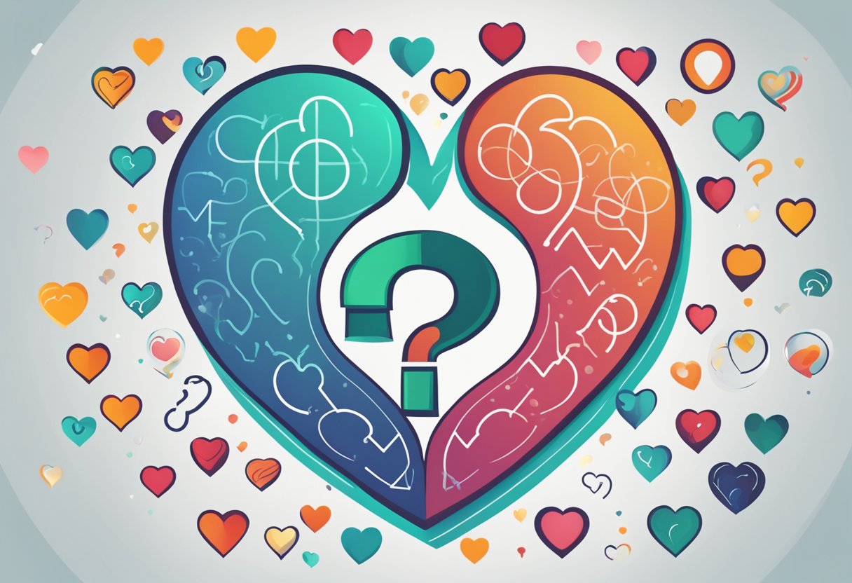 A heart with a question mark hovering above it, surrounded by a circle of frequently asked questions about heart disease