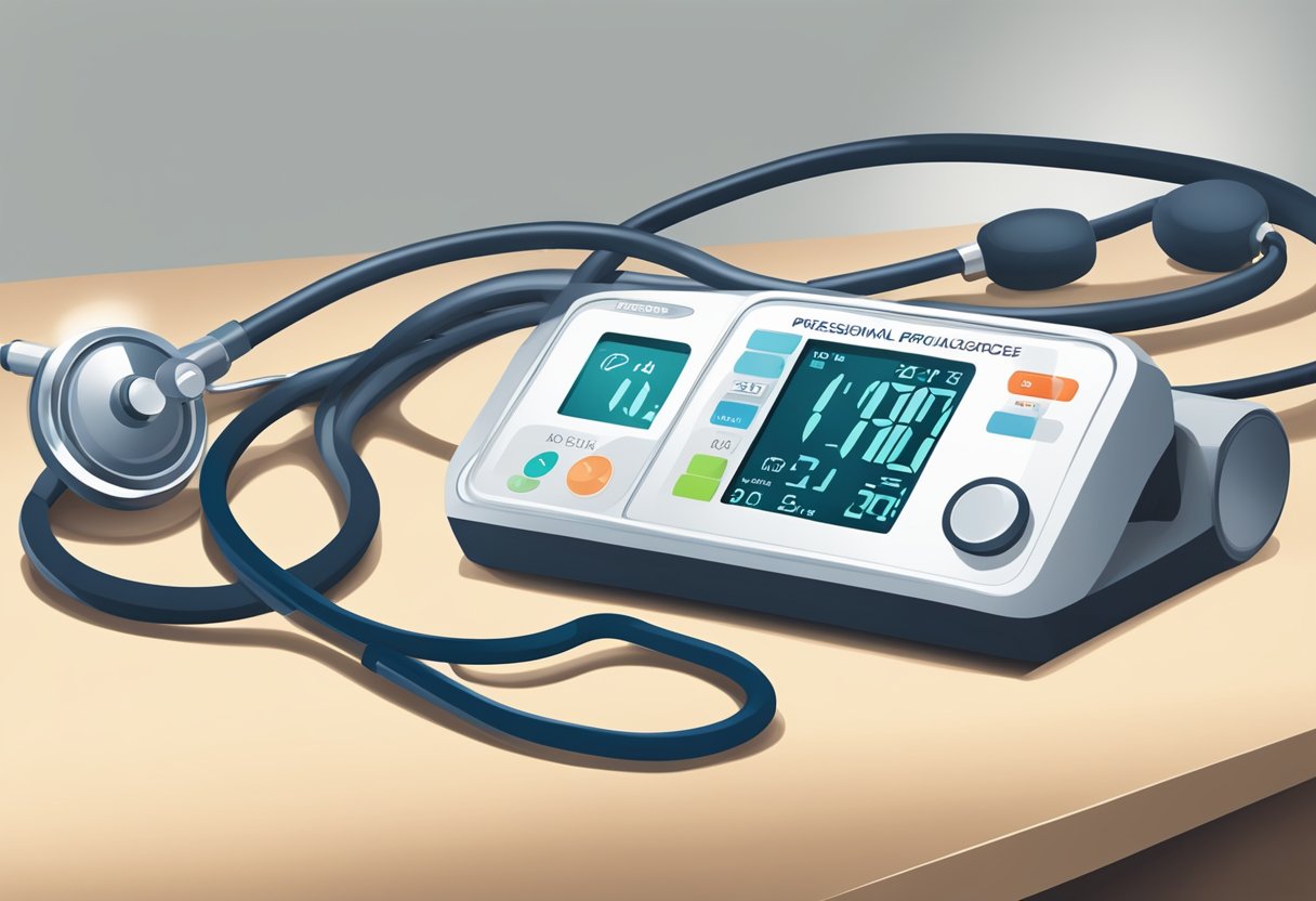 A stethoscope placed on a desk next to a blood pressure cuff and a heart rate monitor