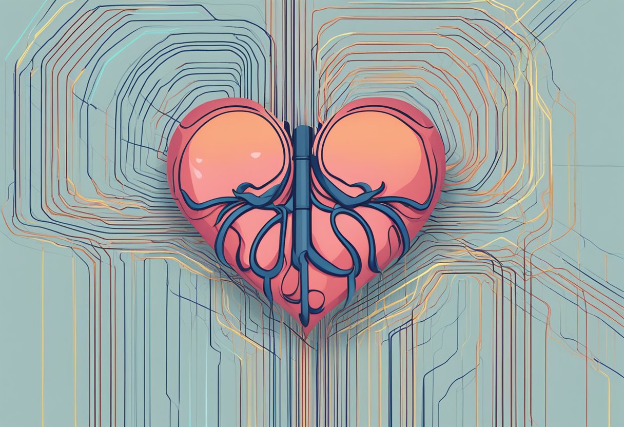 A heart symbol with question marks around it, surrounded by pulsing lines to depict palpitations