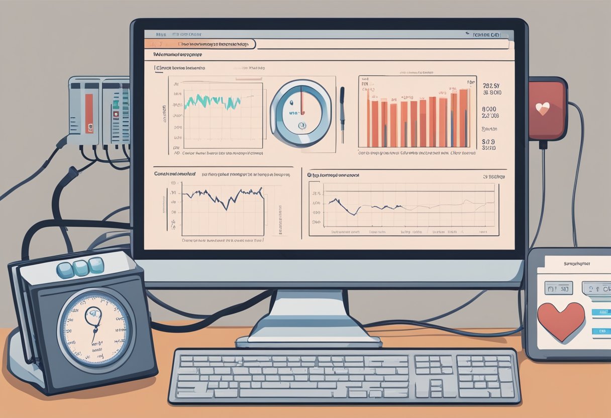 A person's blood pressure and heart rate being monitored with a digital device while a list of frequently asked questions is displayed on a computer screen