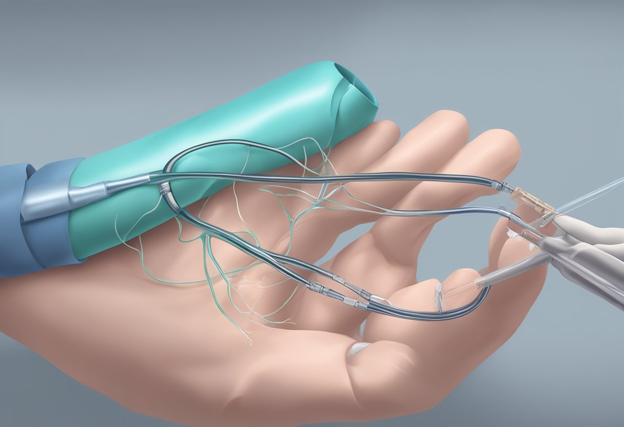 A heart stent being inserted into a coronary artery by a medical professional using a catheter and fluoroscopy guidance