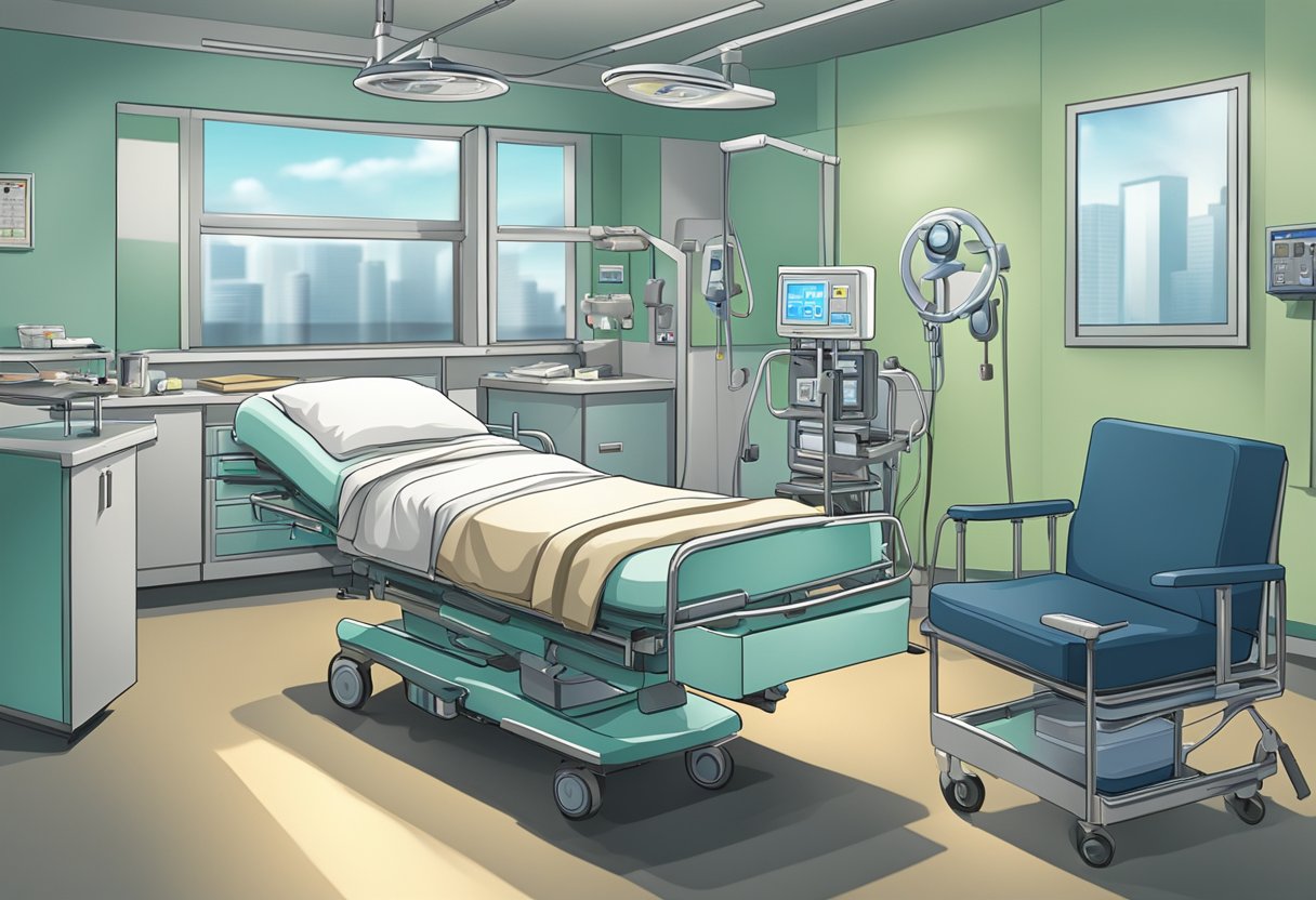 A hospital room with medical equipment, a bed, and a patient in distress