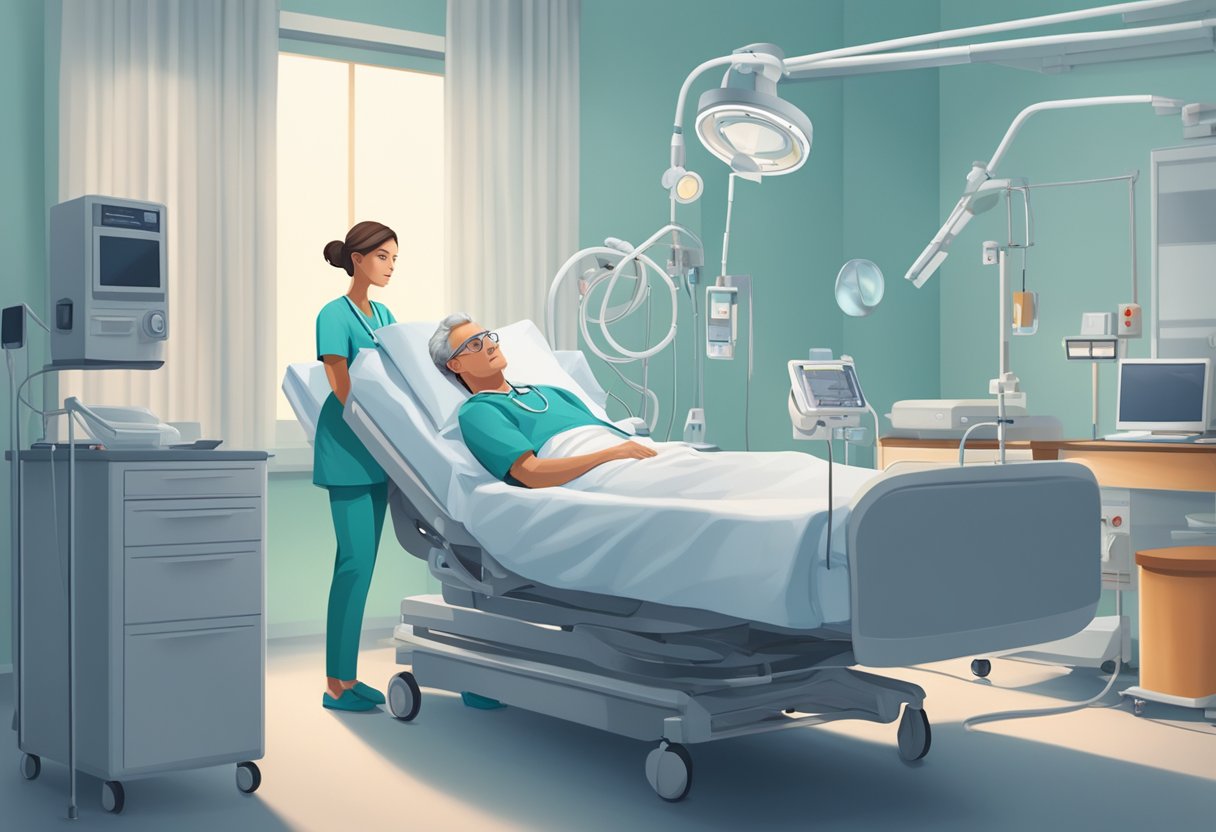 A patient rests in a hospital bed with a heart stent in place, surrounded by medical equipment and a caring nurse