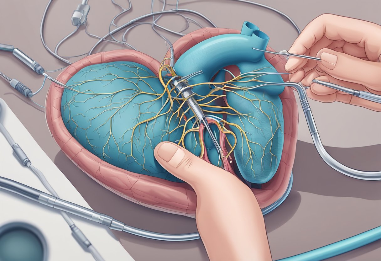 A heart stent surrounded by medical equipment and a doctor's hands placing it into a blood vessel