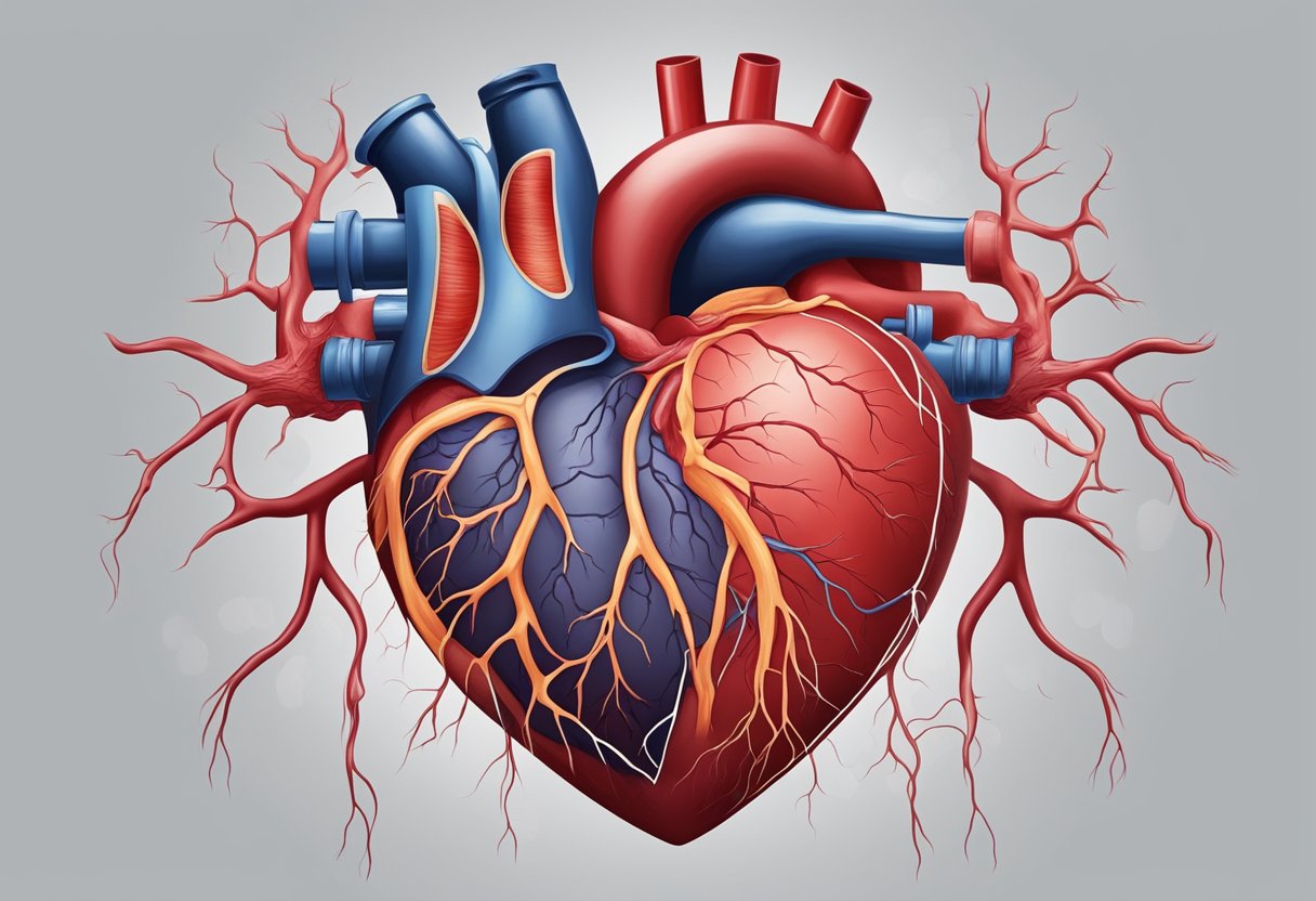 A heart struggling to pump blood, surrounded by fluid buildup and strained blood vessels