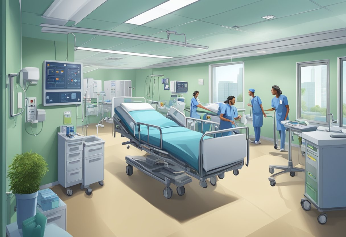 A hospital room with medical equipment, a patient in distress, and medical staff rushing to provide care for decompensated heart failure