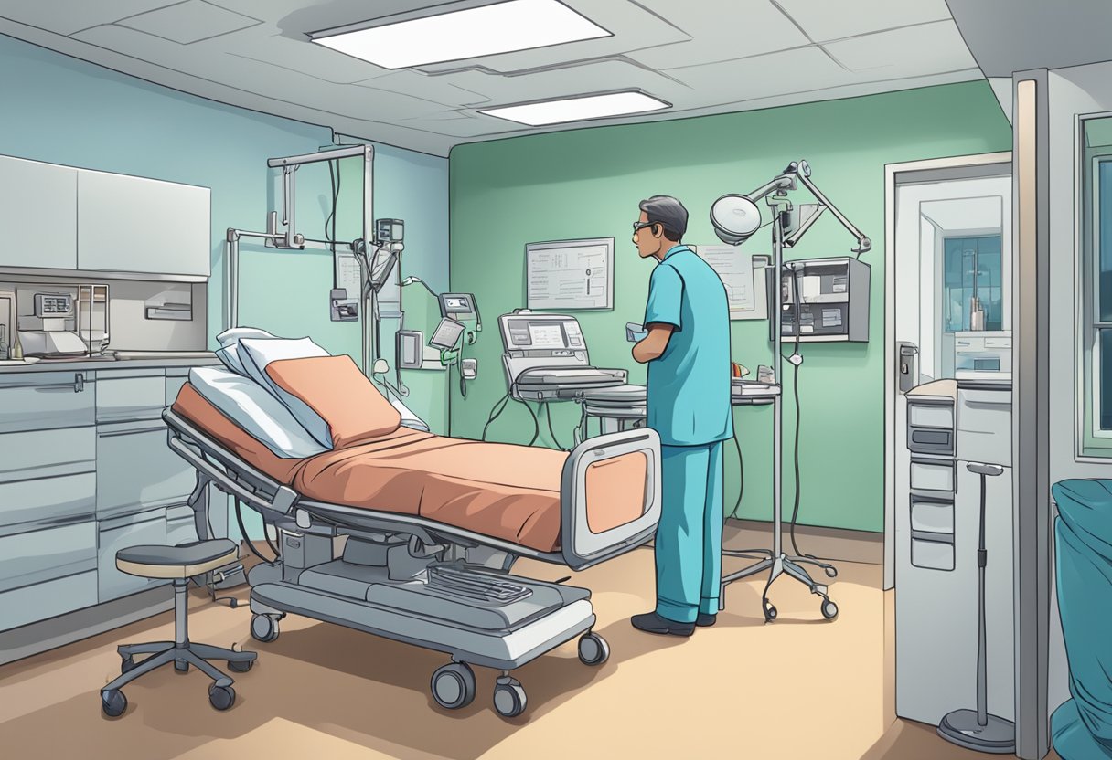 A hospital room with medical equipment, a patient's chart, and a concerned doctor reviewing FAQs on decompensated heart failure