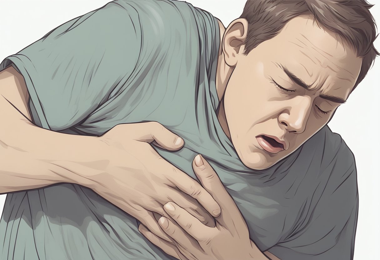 A person clutching their chest, struggling to breathe, with a pale and sweaty complexion